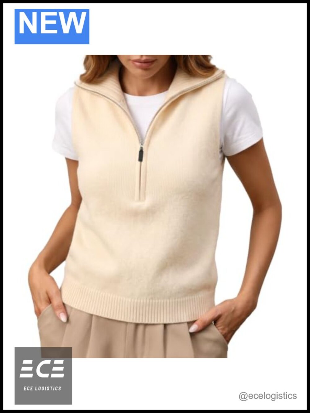 Knit Sleeveless Half Zip Tank Top Loose Fit V-Neck Casual Layer
